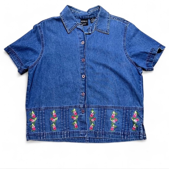Erika Tops - Vintage Embroidered Denim Floral Top